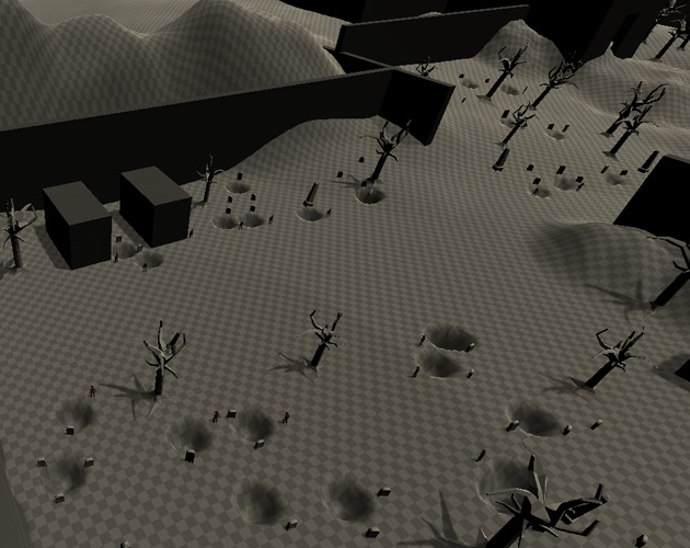 The graveyard was built with the terrian system within Unity and the tombstone and tree assets were made by me.