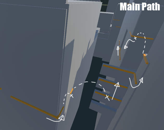 The main path is more front and center and provides a way for players to jump across buildings to get to the other side without falling.